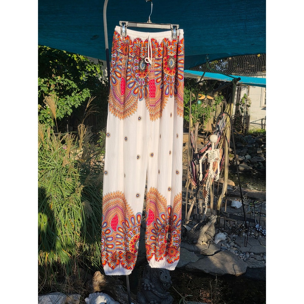 Daisy Island Boho Mandala Print Harem Pants White Multi Drawstring Joggers